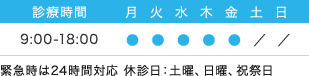 9:00-18:00 緊急時は24時間対応 休診日：土曜、日曜、祝祭日